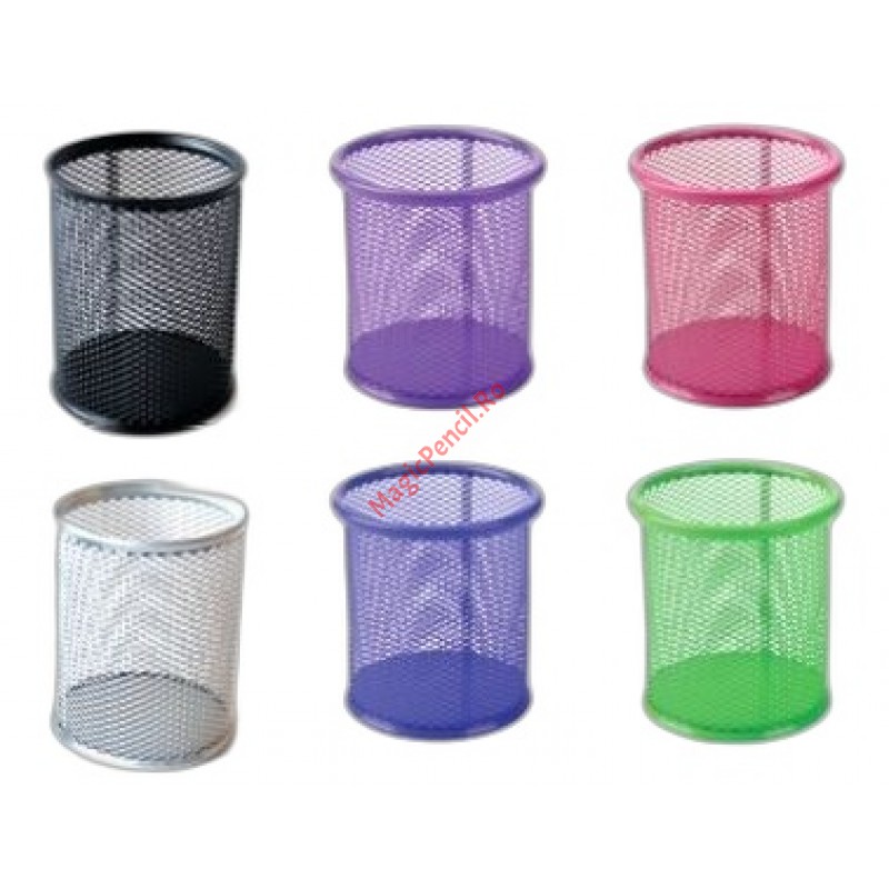 Suport instrumente de scris, rotund, plasa metalica, roz