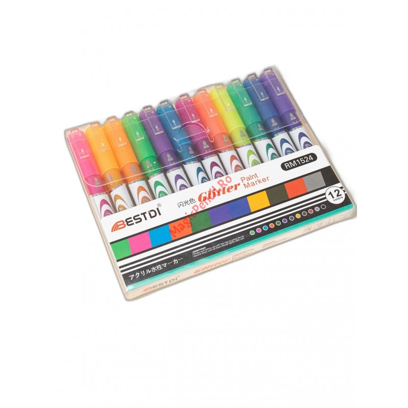 Set 12 markere acrilice, vopsea, alcool, Glitter, tip Posca