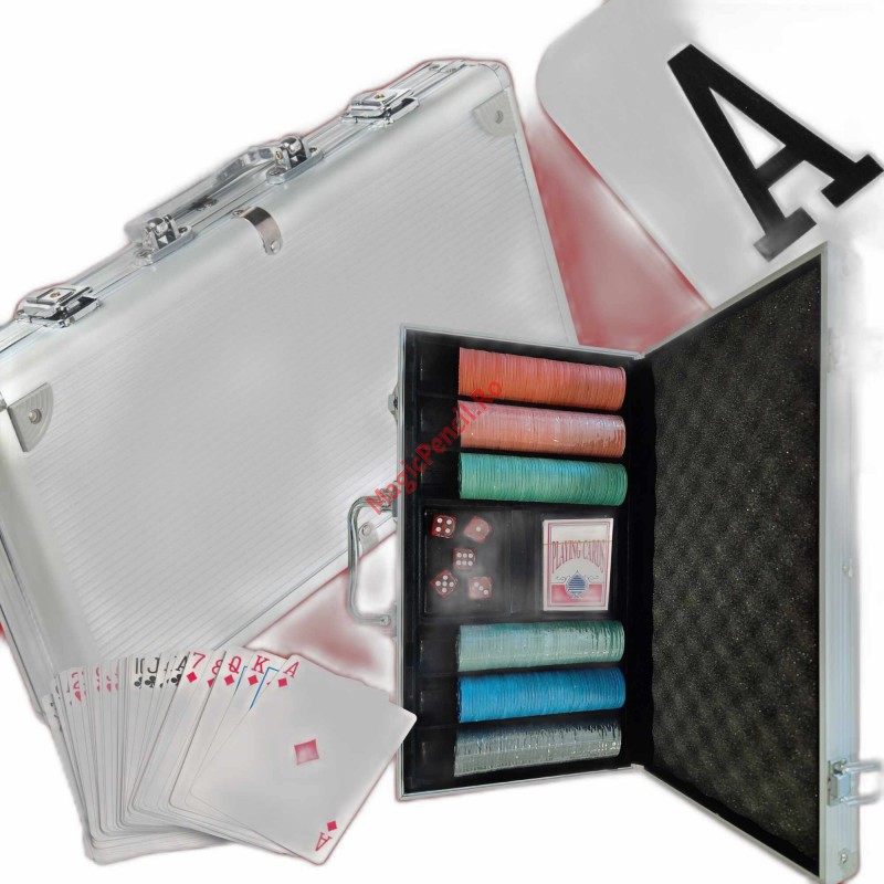 Set Poker cu 300 de jetoane,  2 pachete de carti, cutie si 5 zaruri rosii, cutie aluminiu