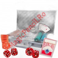 Set Poker cu 300 de jetoane,  2 pachete de carti, cutie si 5 zaruri rosii, cutie aluminiu