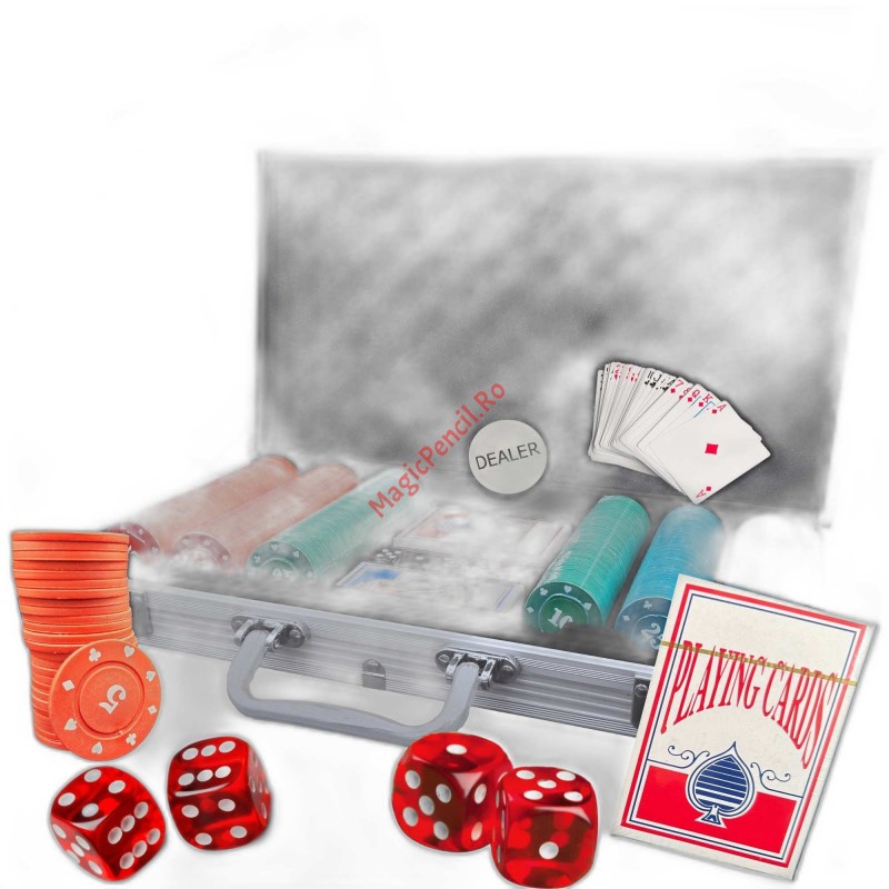 Set Poker cu 300 de jetoane,  2 pachete de carti, cutie si 5 zaruri rosii, cutie aluminiu
