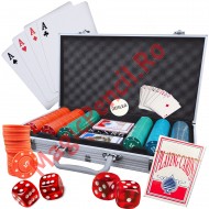 Set Poker cu 300 de jetoane,  2 pachete de carti, cutie si 5 zaruri rosii, cutie aluminiu