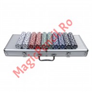 Set Poker cu 500 de jetoane,  2 pachete de carti, cutie si 5 zaruri rosii, cutie aluminiu