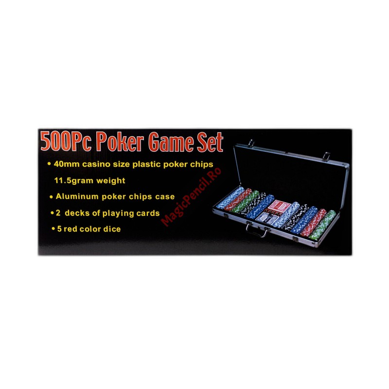 Set Poker cu 500 de jetoane,  2 pachete de carti, cutie si 5 zaruri rosii, cutie aluminiu