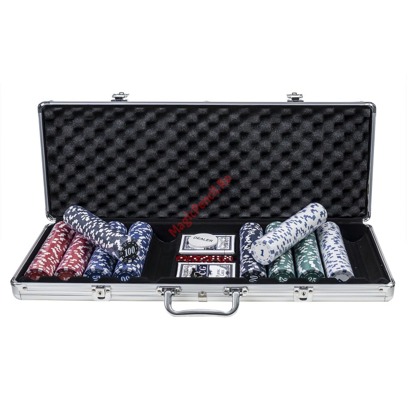 Set Poker cu 500 de jetoane,  2 pachete de carti, cutie si 5 zaruri rosii, cutie aluminiu