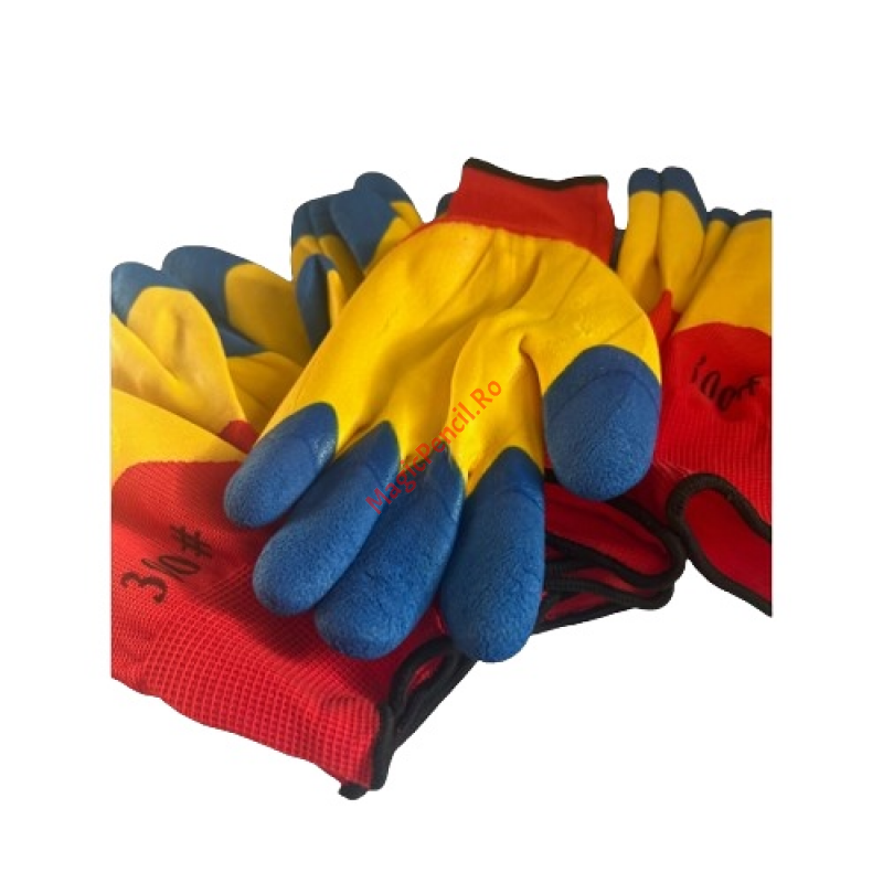 Set 12 manusi de lucru groase din spuma latex rosu-galben-albastru, marime universala