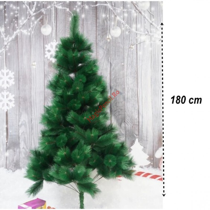 Brad artificial de Craciun tip pin, clasic, pentru interior/exterior, inaltime 180 cm, verde, suport metalic inclus